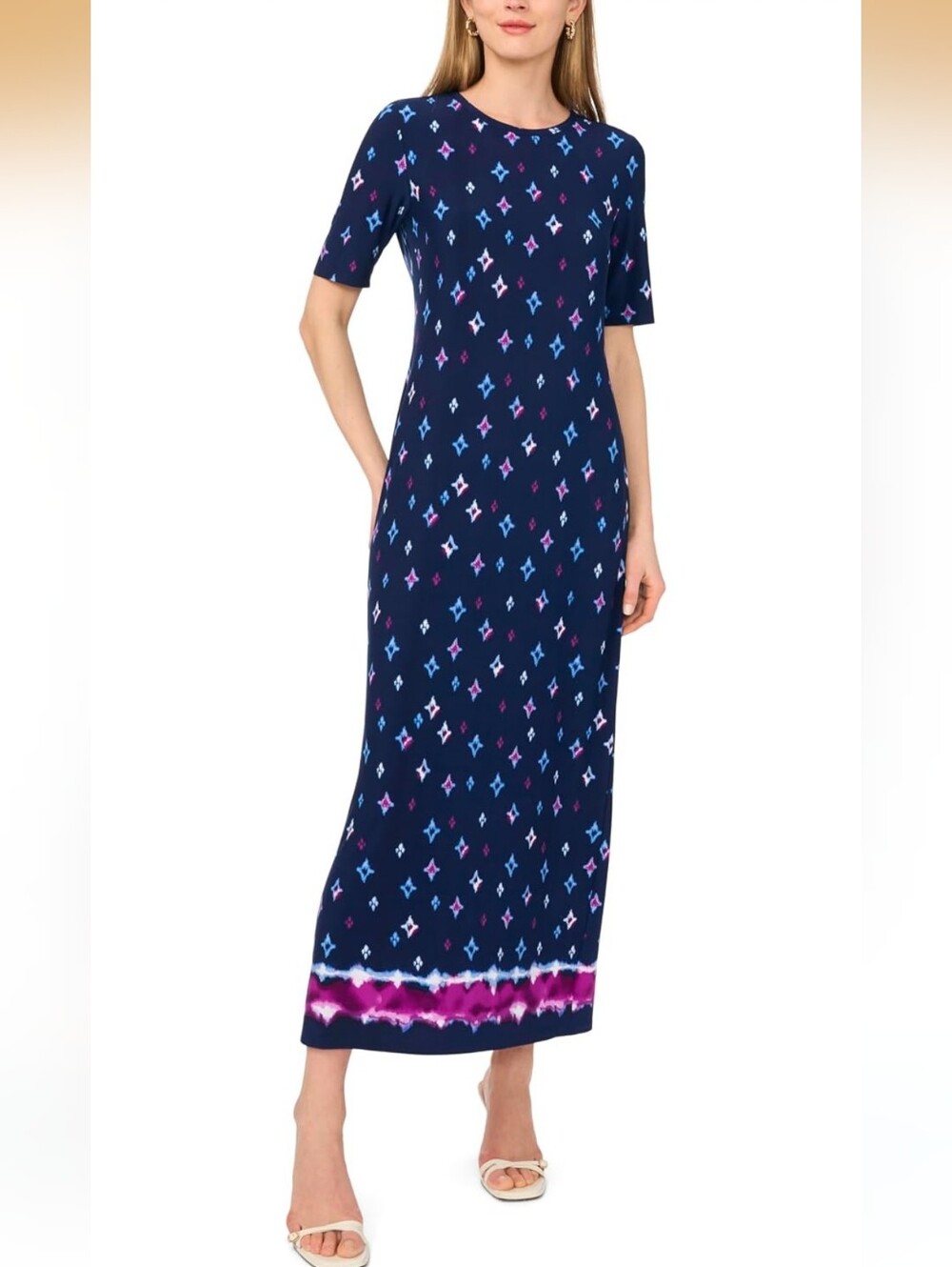 Vince Camuto Navy Maxi Dress with Pink & Light Blue Motif